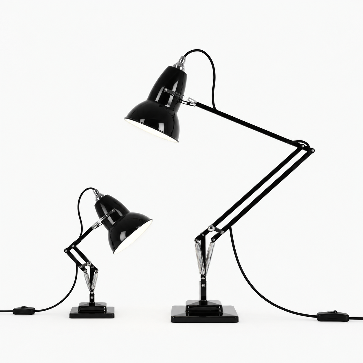 Anglepoise lamp shown at full size beside a smaller baby-sized version